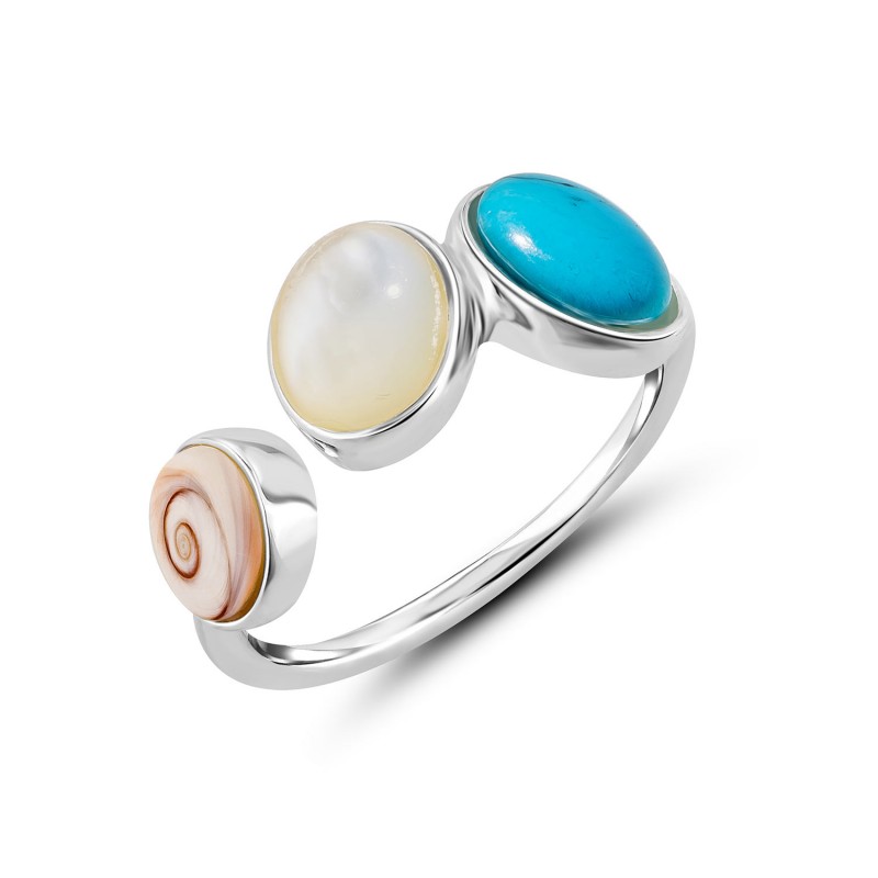 Bague acier inoxydable œil de Ste Lucie, amazonite et nacre
