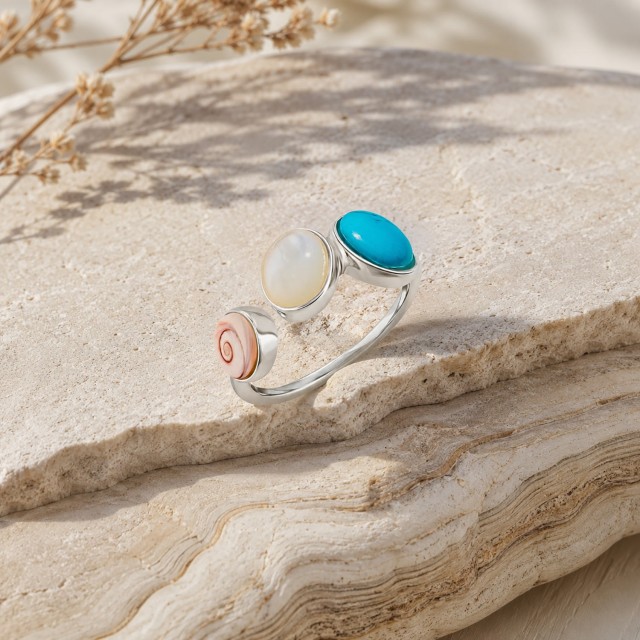 Bague acier inoxydable œil de Ste Lucie, amazonite et nacre - SRC5004MEDI-AC