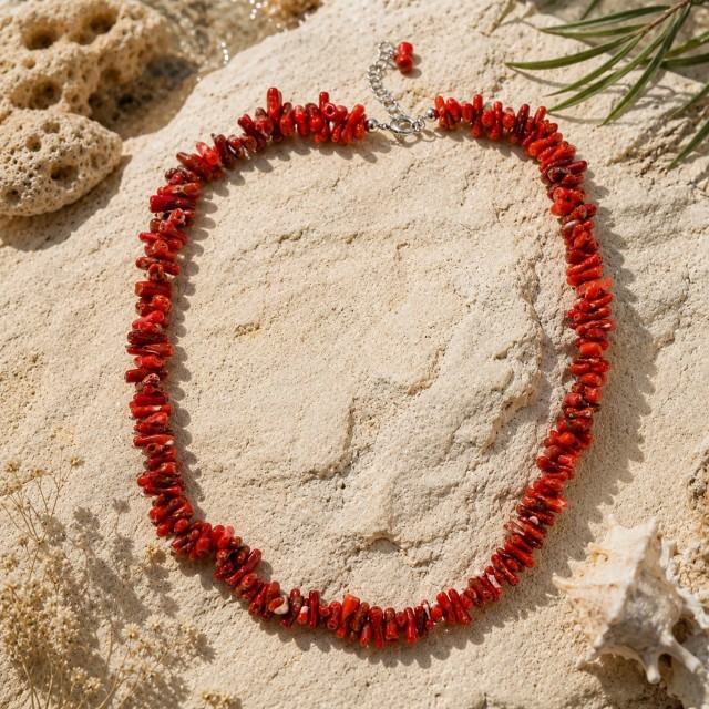 Collier corail rouge 45cm argent rhodié VCO001