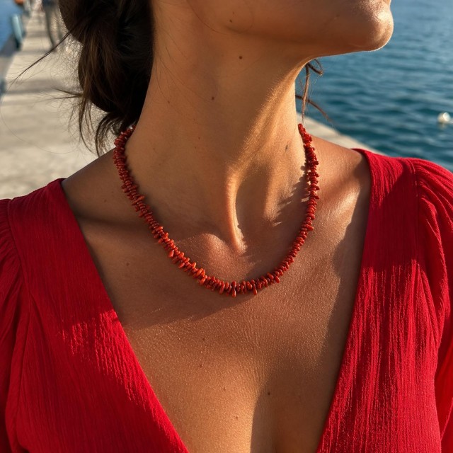 Collier corail rouge 45cm argent rhodié VCO001