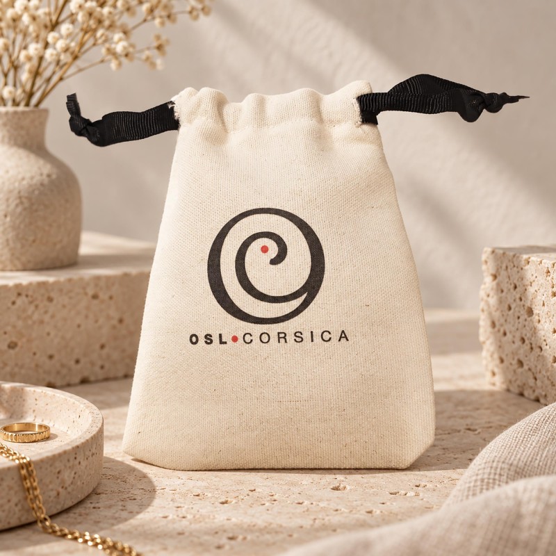 Pochon OSL Corsica en tissu écru avec logo noir et cordons noirs