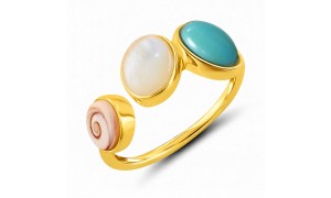Bague dorée oeil de Ste Lucie, amazonite et nacre blanche