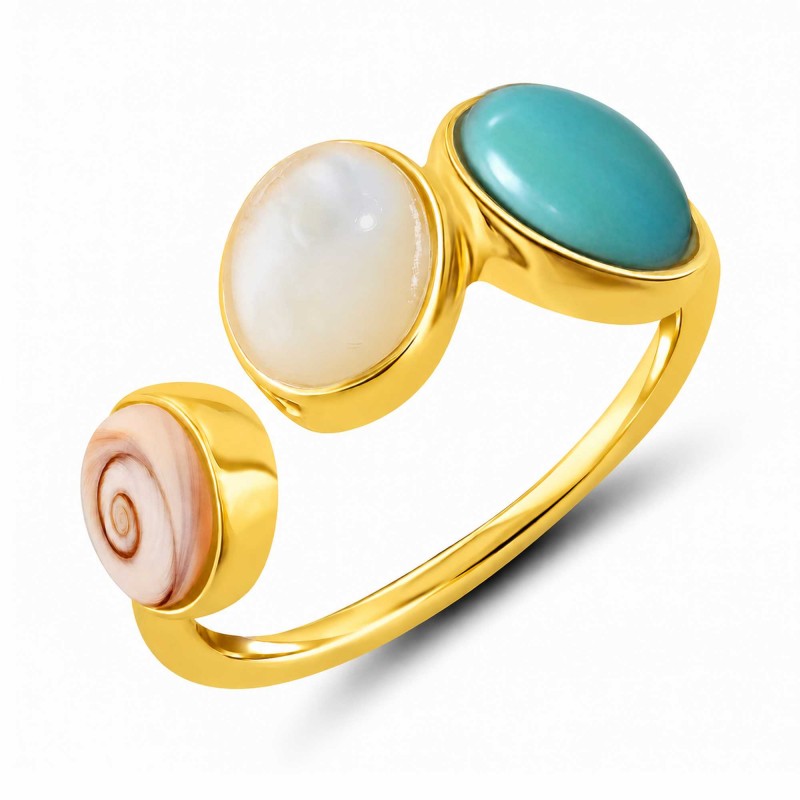 Bague dorée oeil de Ste Lucie, amazonite et nacre blanche