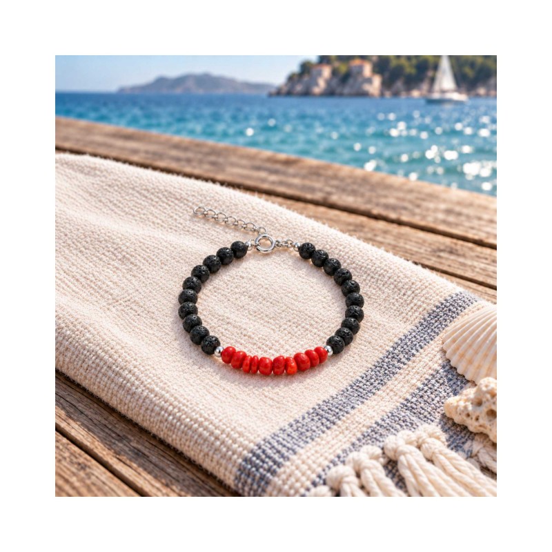 Bracelet corail & lave argent CCBR103