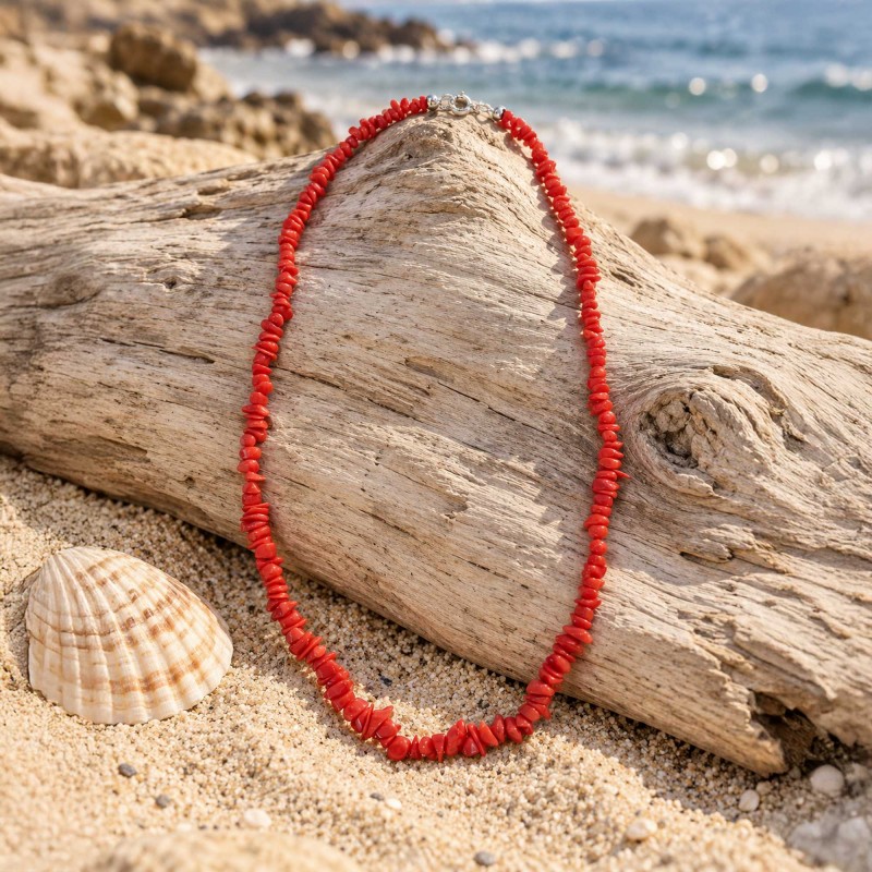 Collier corail rouge et acier inoxydable CL00090