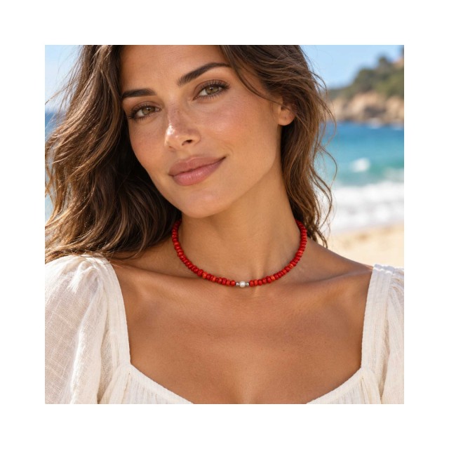 Collier corail rouge nacre argent 925 CCCO003