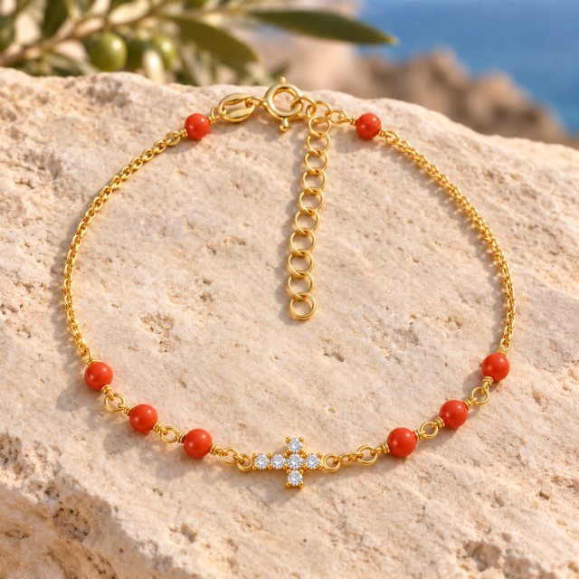 Bracelet doré corail & croix BR00077
