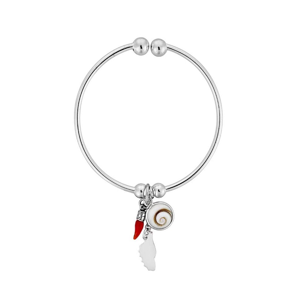 Bracelet jonc en argent avec oeil de sainte lucie et corail