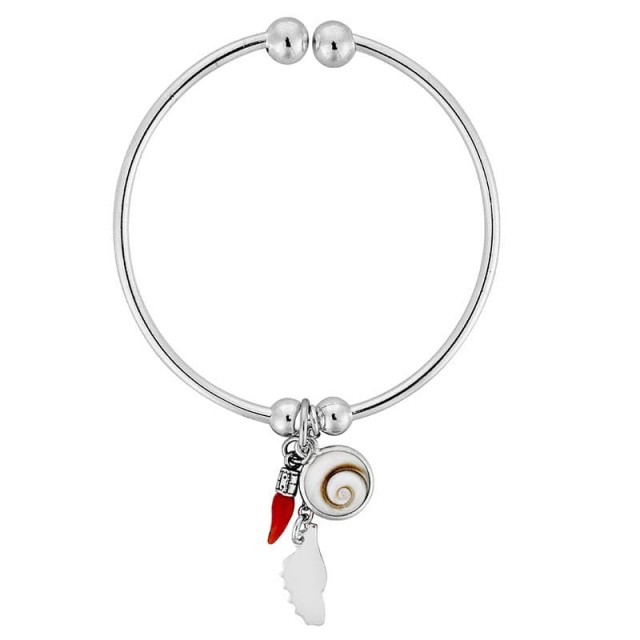 Bracelet jonc en argent avec oeil de sainte lucie et corail