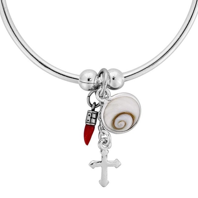 Bracelet jonc en argent avec oeil de sainte lucie et corail