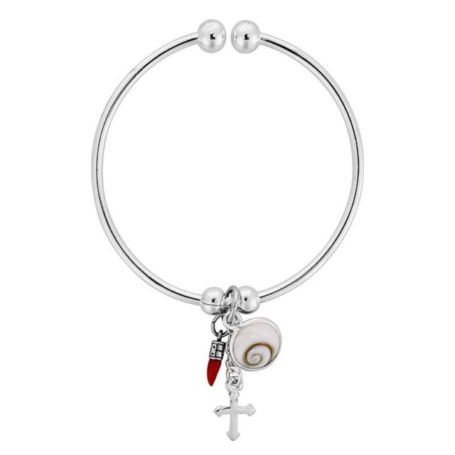 Bracelet jonc en argent avec oeil de sainte lucie et corail