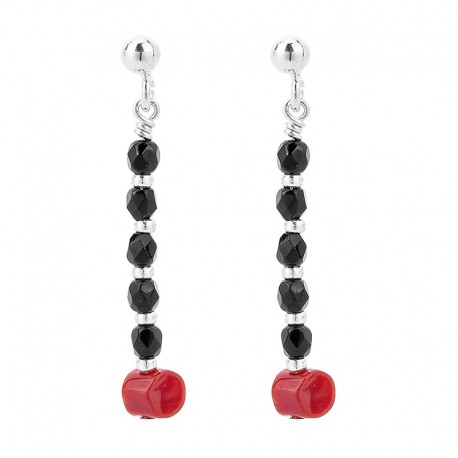 Boucles d'oreilles avec perles noires et corail rouge