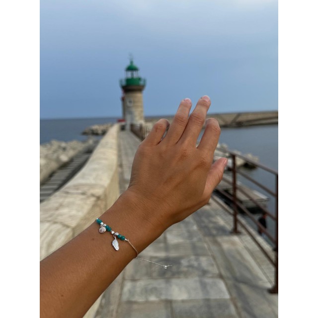 Bracelet en corde ajustable avec perles amazonite et pendentif corse argenté - SBC089MEDIAMAZO
