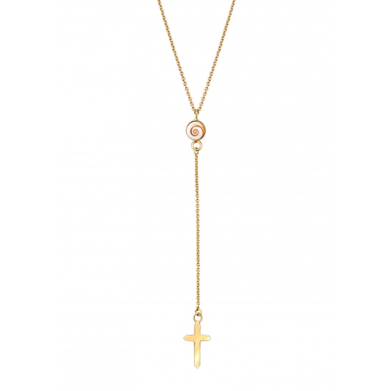 Collier doré raffiné orné d’un œil de Sainte-Lucie et d’un pendentif croix, symbole de protection et d’élégance intemporelle.