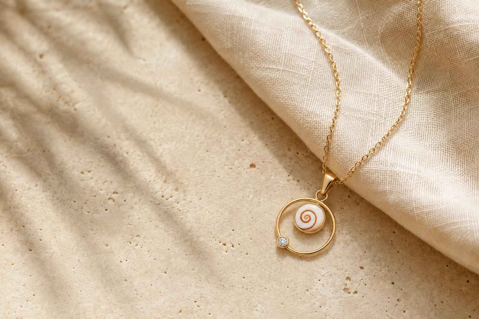 Pendentif Œil de Sainte-Lucie doré sur du lin et de la pierre claire